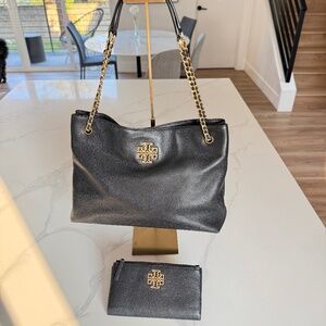 Tory Burch Britten Handbag + Britten Wallet SET in Black/gold